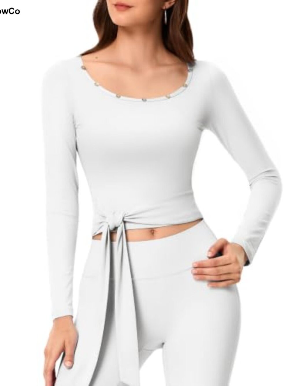 Pilates Wrap Top Long Sleeve Fitted Yoga Ballet Scoop Neck Tie Waist